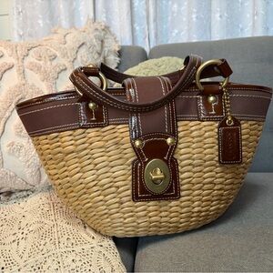 Coach Woven Straw Tote with Brown Leather Trim and Gold Hardware